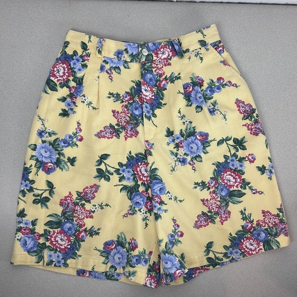 Willowbend Pants - Vintage Willowbend‎ Shorts Womens 14 Yellow Floral High Rise Cotton Made USA 90s